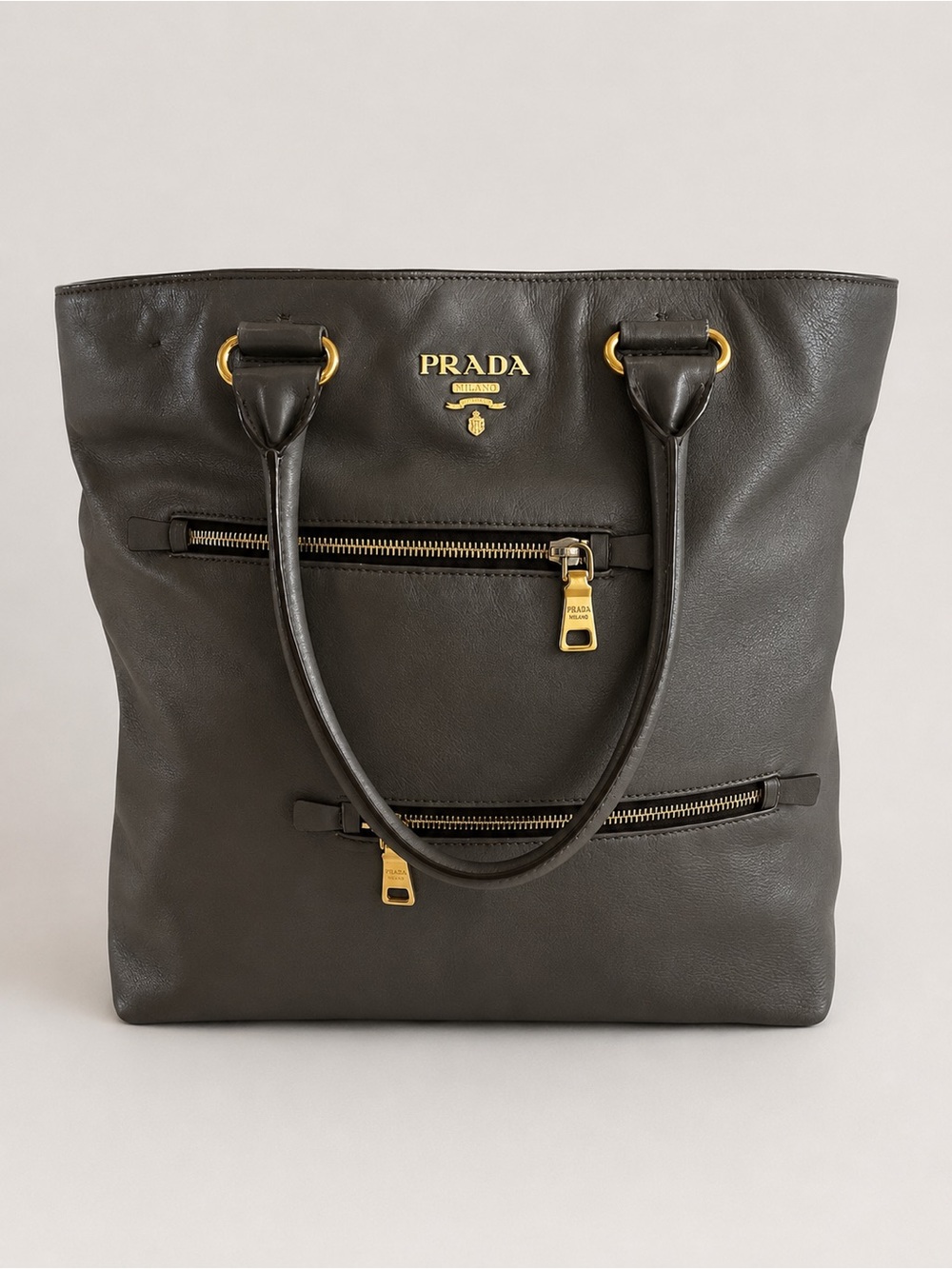 Authentic Prada Calfskin Leather Tote Bambu Grey Large Luxury Travel & Work Bag